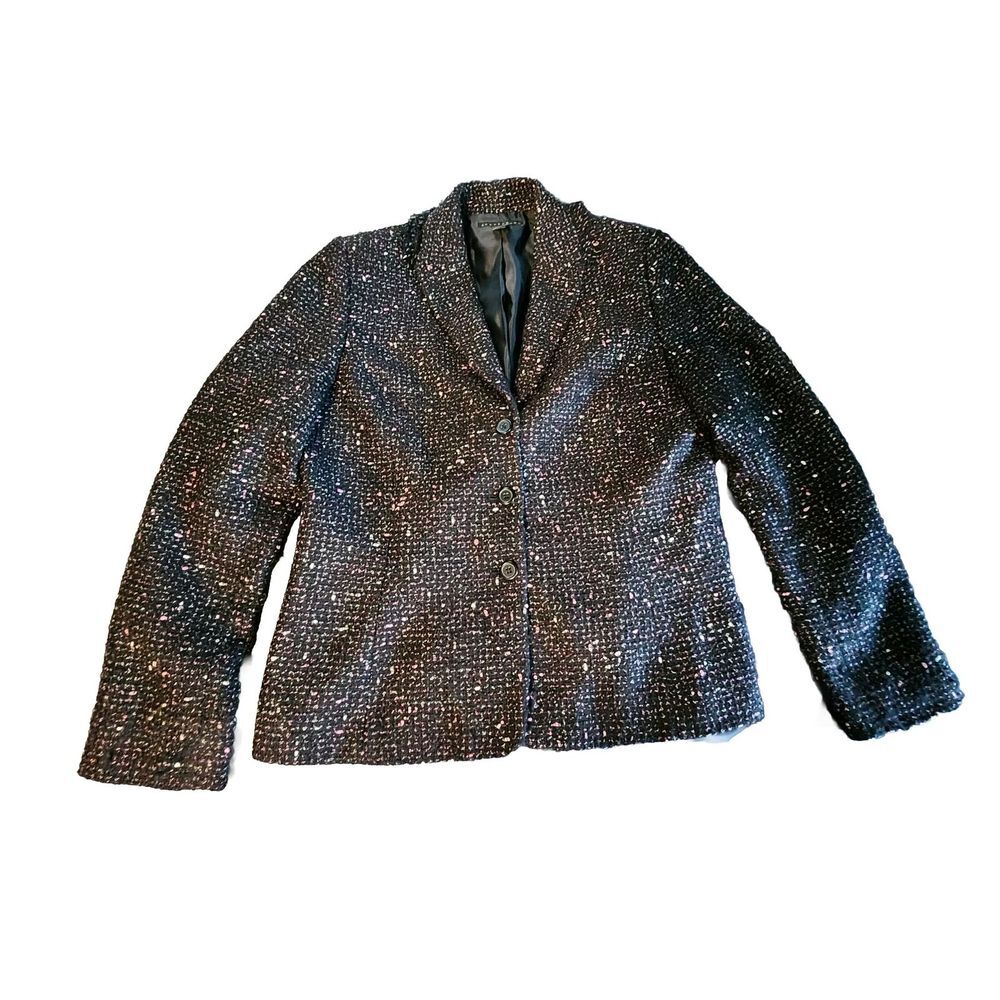 Apostrophe Women Blazer Jacket Size‎ 16 Black Pink White Tweed Fringe Office